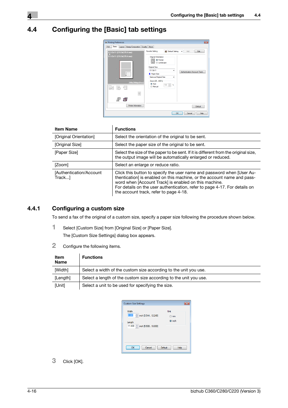 4 configuring the [basic] tab settings, 1 configuring a custom size, Configuring the [basic] tab settings -16 | Configuring a custom size -16 | Konica Minolta BIZHUB C280 User Manual | Page 48 / 78