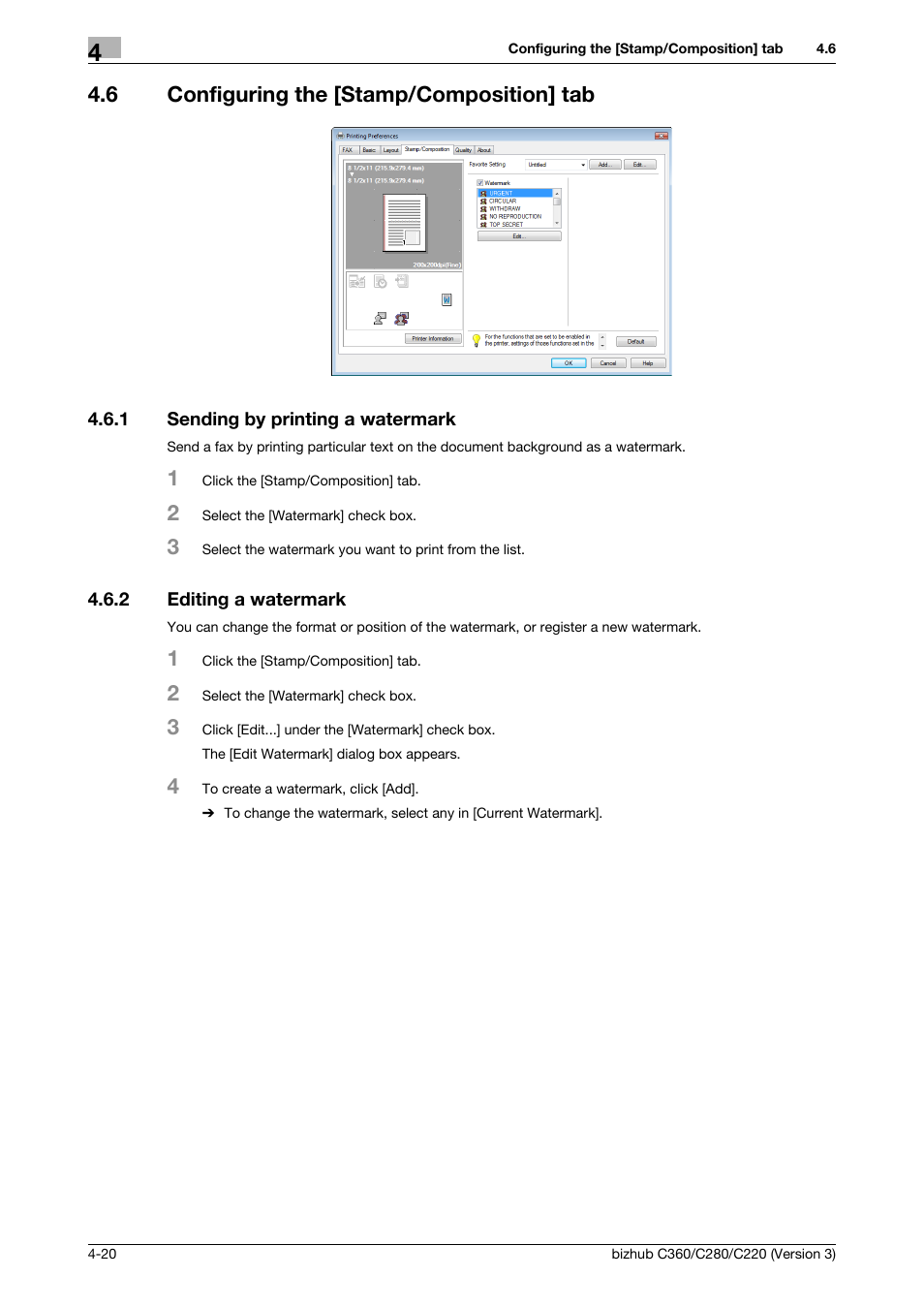 6 configuring the [stamp/composition] tab, 1 sending by printing a watermark, 2 editing a watermark | Configuring the [stamp/composition] tab -20, Sending by printing a watermark -20, Editing a watermark -20 | Konica Minolta BIZHUB C280 User Manual | Page 52 / 78