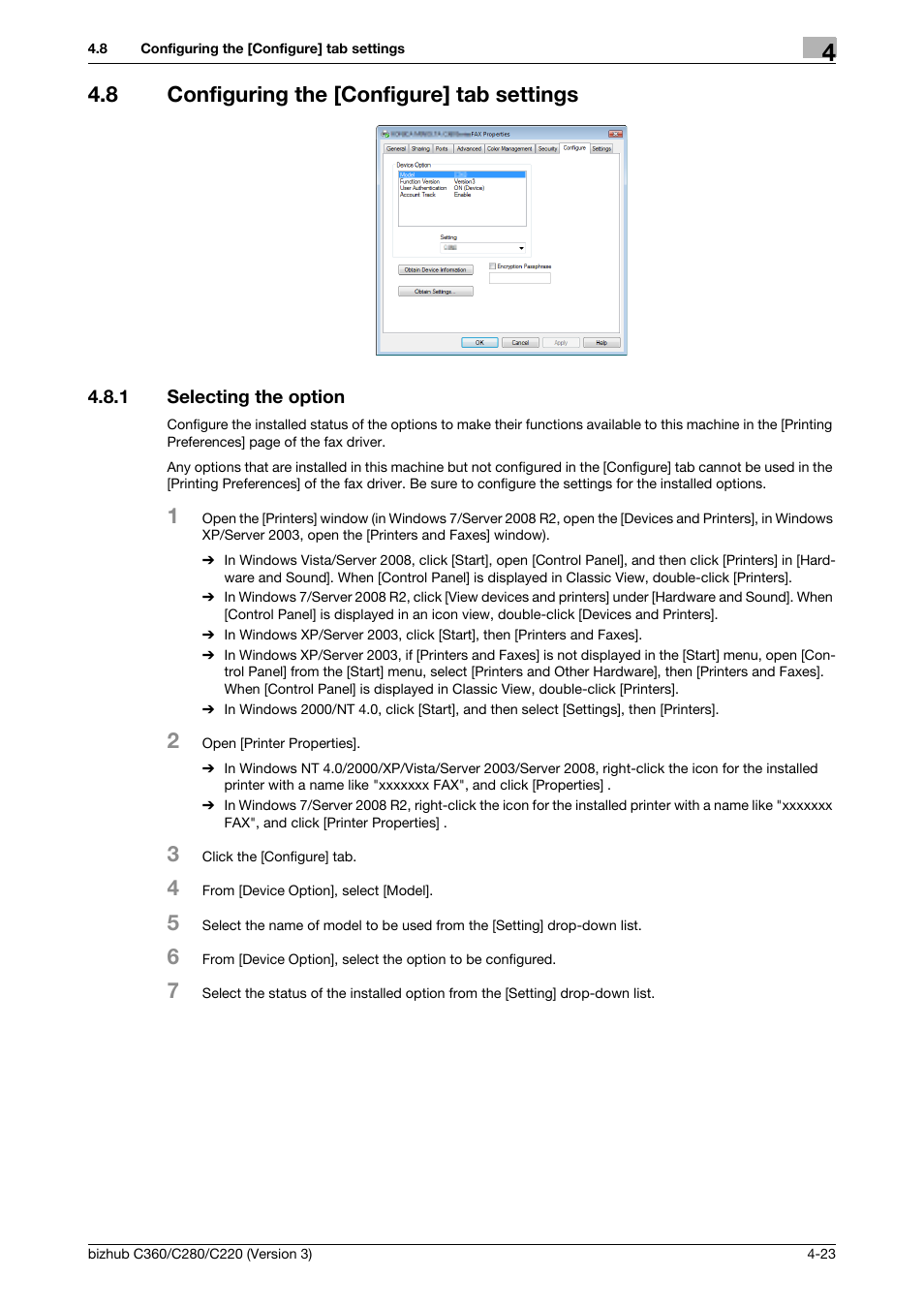 8 configuring the [configure] tab settings, 1 selecting the option, Configuring the [configure] tab settings -23 | Selecting the option -23 | Konica Minolta BIZHUB C280 User Manual | Page 55 / 78