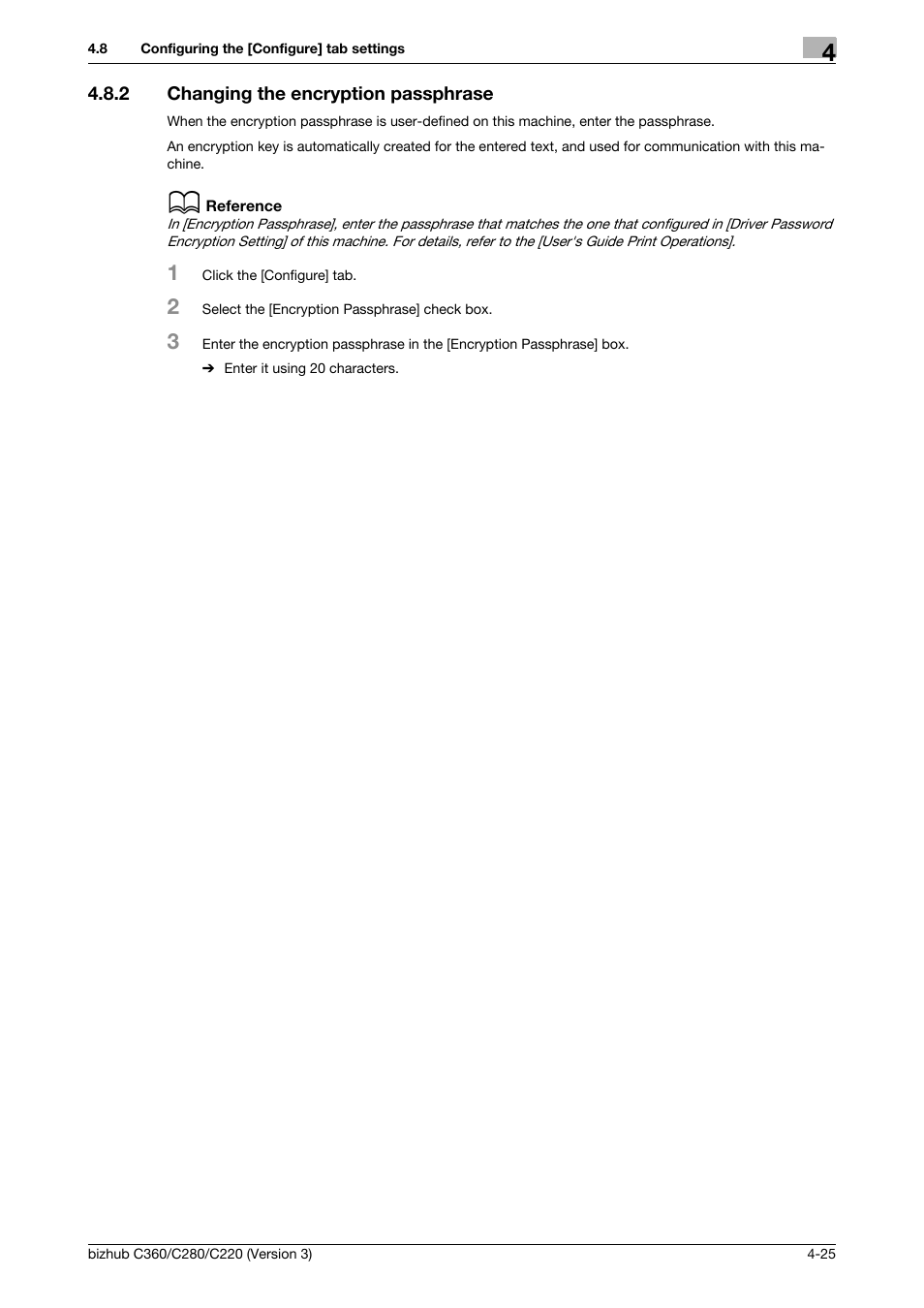 2 changing the encryption passphrase, Changing the encryption passphrase -25 | Konica Minolta BIZHUB C280 User Manual | Page 57 / 78