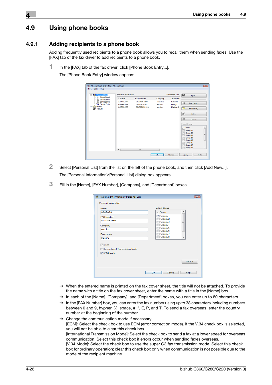9 using phone books, 1 adding recipients to a phone book, Using phone books -26 | Adding recipients to a phone book -26 | Konica Minolta BIZHUB C280 User Manual | Page 58 / 78