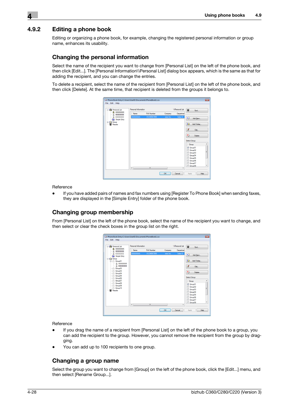 2 editing a phone book, Changing the personal information, Changing group membership | Changing a group name | Konica Minolta BIZHUB C280 User Manual | Page 60 / 78