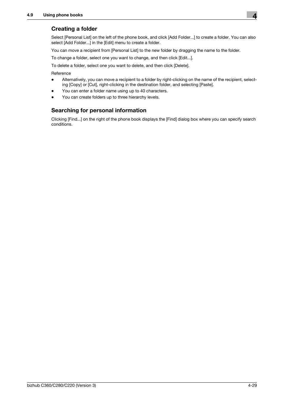 Creating a folder, Searching for personal information | Konica Minolta BIZHUB C280 User Manual | Page 61 / 78