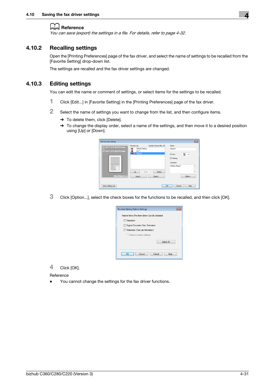 2 recalling settings, 3 editing settings, Recalling settings -31 | Editing settings -31 | Konica Minolta BIZHUB C280 User Manual | Page 63 / 78