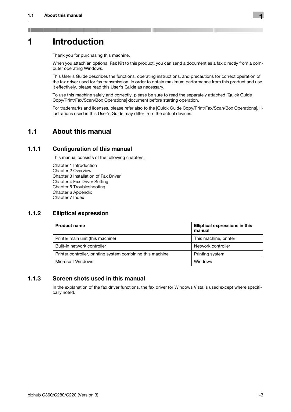 1 introduction, 1 about this manual, 1 configuration of this manual | 2 elliptical expression, 3 screen shots used in this manual, Introduction, About this manual -3, Configuration of this manual -3, Elliptical expression -3, Screen shots used in this manual -3 | Konica Minolta BIZHUB C280 User Manual | Page 7 / 78