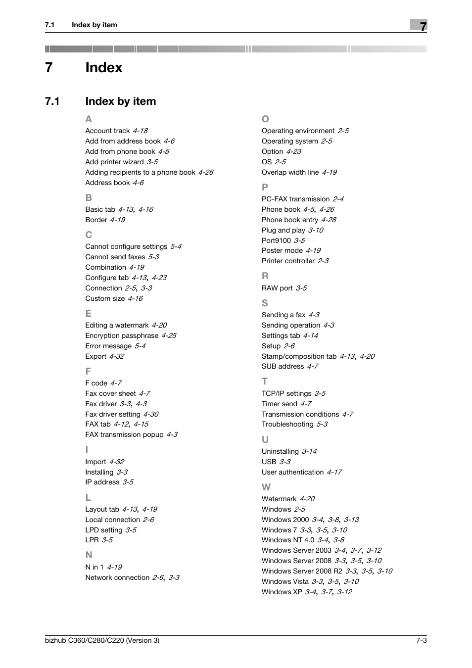 7 index, 1 index by item, Index | Index by item -3, 7index | Konica Minolta BIZHUB C280 User Manual | Page 77 / 78