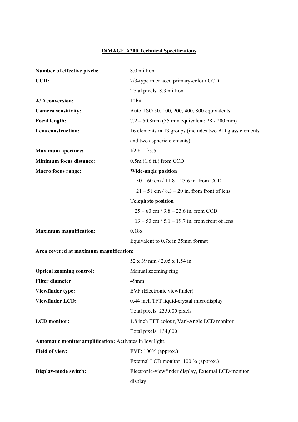 Konica Minolta DiMAGE A200 User Manual | 7 pages