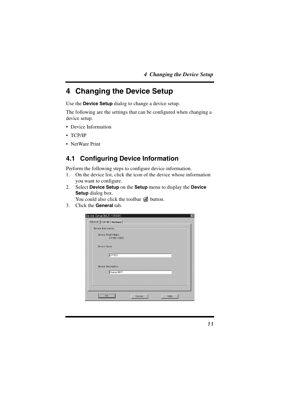 4 changing the device setup, 1 configuring device information, Configuring device information | Konica Minolta Network Setup User Manual | Page 16 / 38