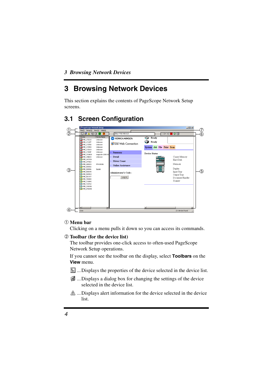 3 browsing network devices, 1 screen configuration, Screen configuration | Konica Minolta Network Setup User Manual | Page 9 / 38