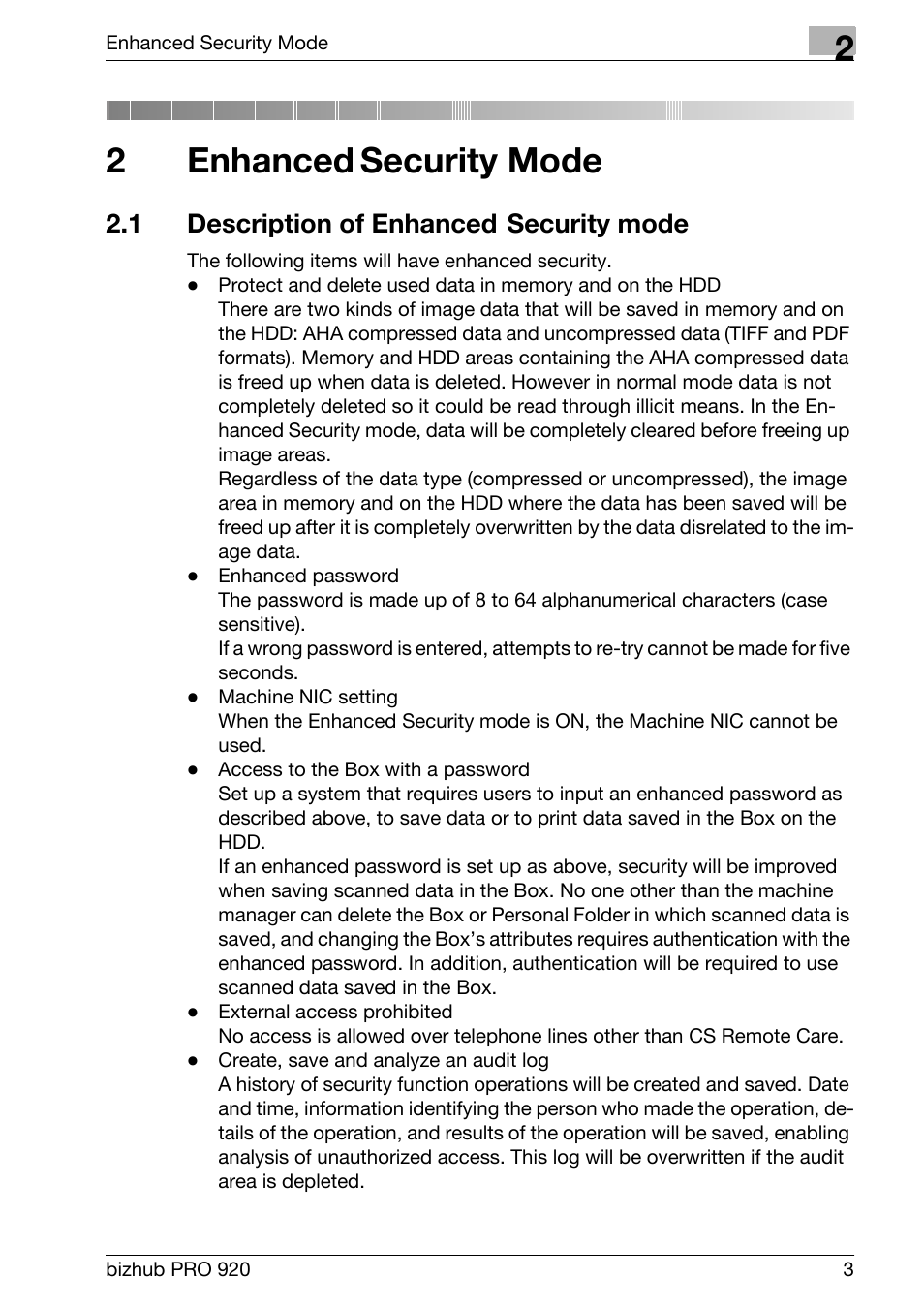 2 enhanced security mode, 1 description of enhanced security mode, Enhanced security mode | Description of enhanced security mode, 2enhanced, Security mode | Konica Minolta 920 User Manual | Page 11 / 76