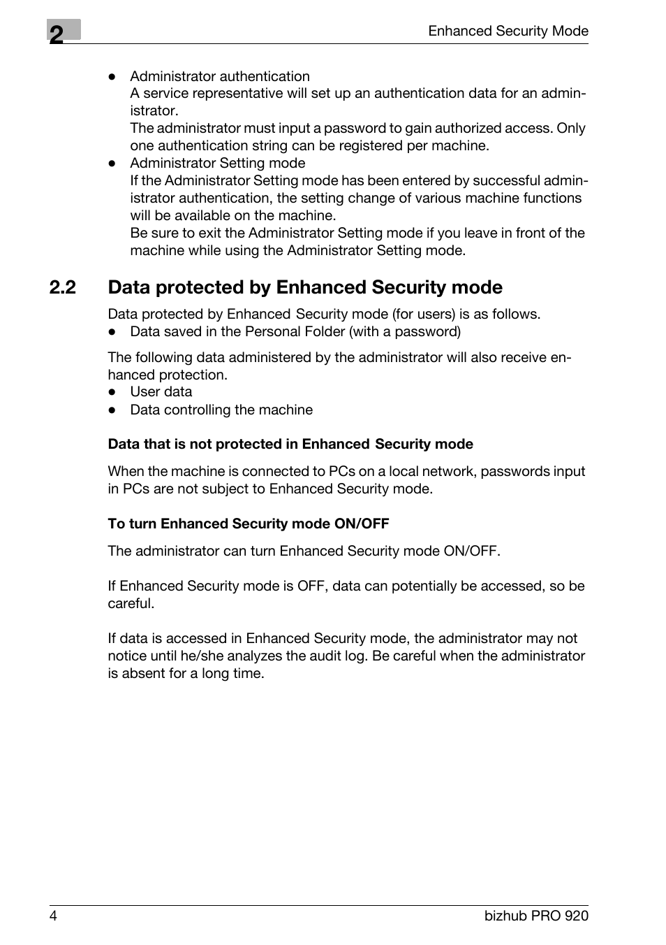 2 data protected by enhanced security mode, Data protected by enhanced security mode | Konica Minolta 920 User Manual | Page 12 / 76