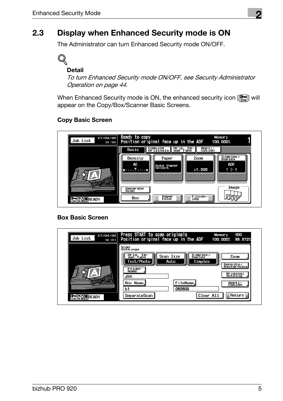 3 display when enhanced security mode is on, Display when enhanced security mode is on | Konica Minolta 920 User Manual | Page 13 / 76