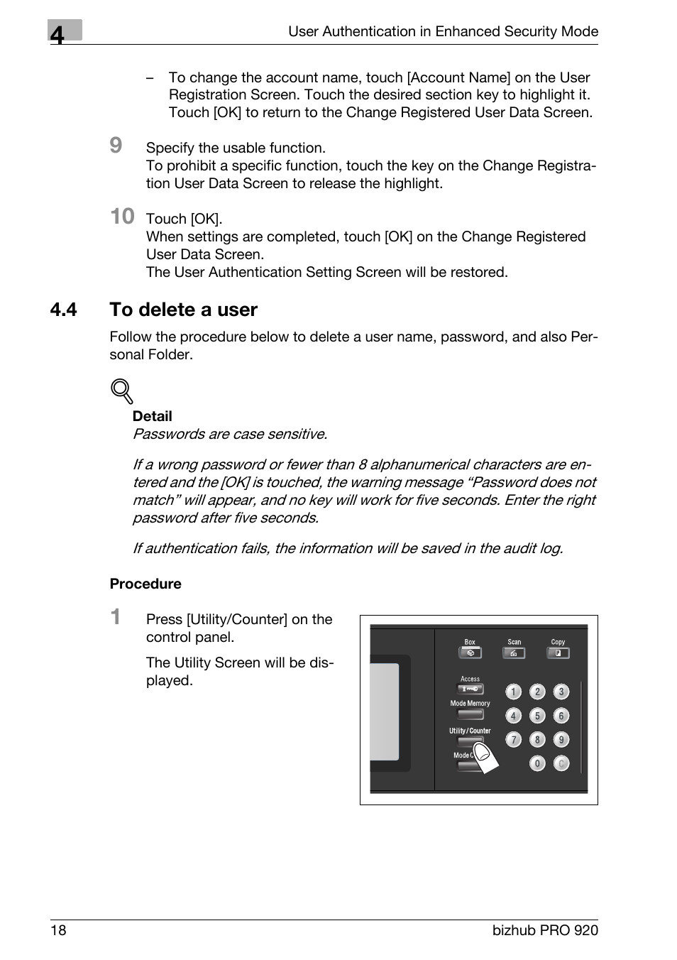 4 to delete a user, To delete a user | Konica Minolta 920 User Manual | Page 26 / 76