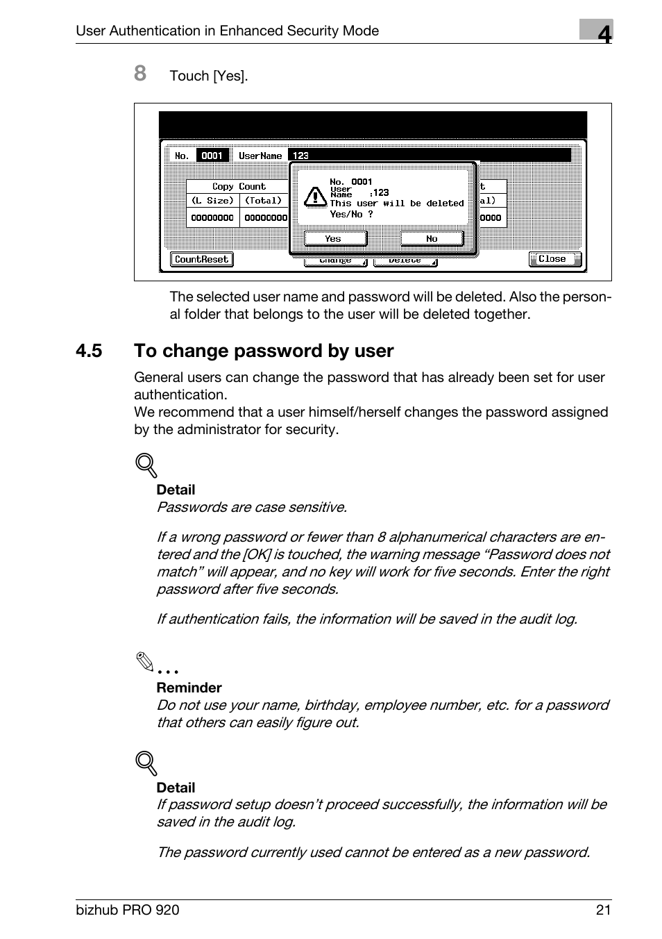 5 to change password by user, To change password by user | Konica Minolta 920 User Manual | Page 29 / 76