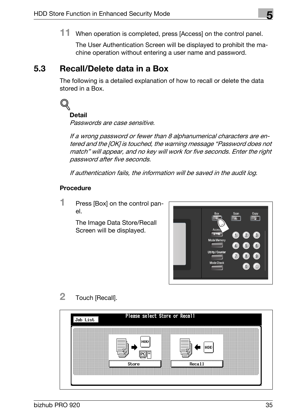 3 recall/delete data in a box, Recall/delete data in a box | Konica Minolta 920 User Manual | Page 43 / 76