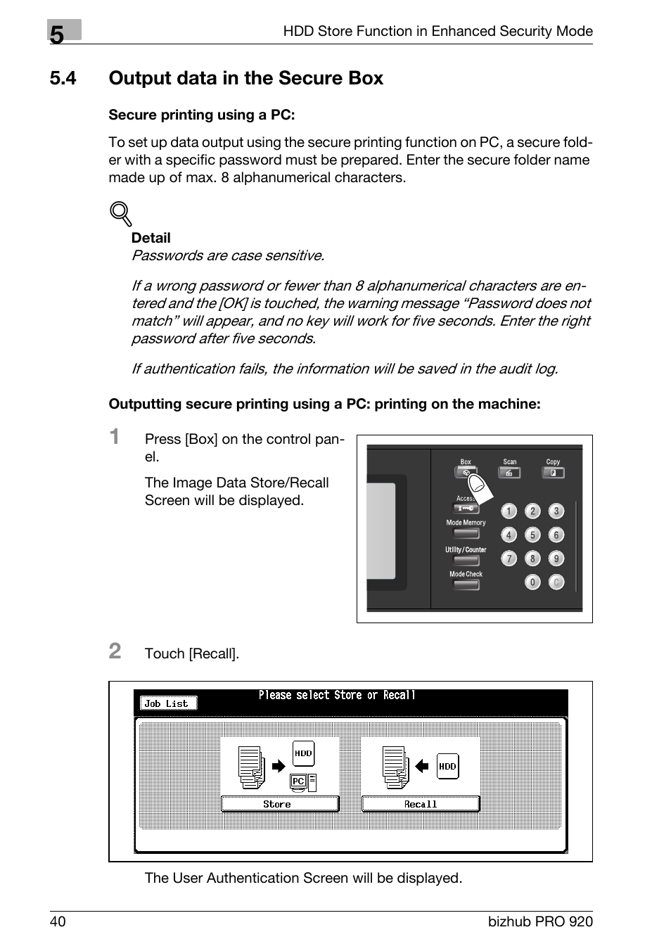 4 output data in the secure box, Output data in the secure box | Konica Minolta 920 User Manual | Page 48 / 76