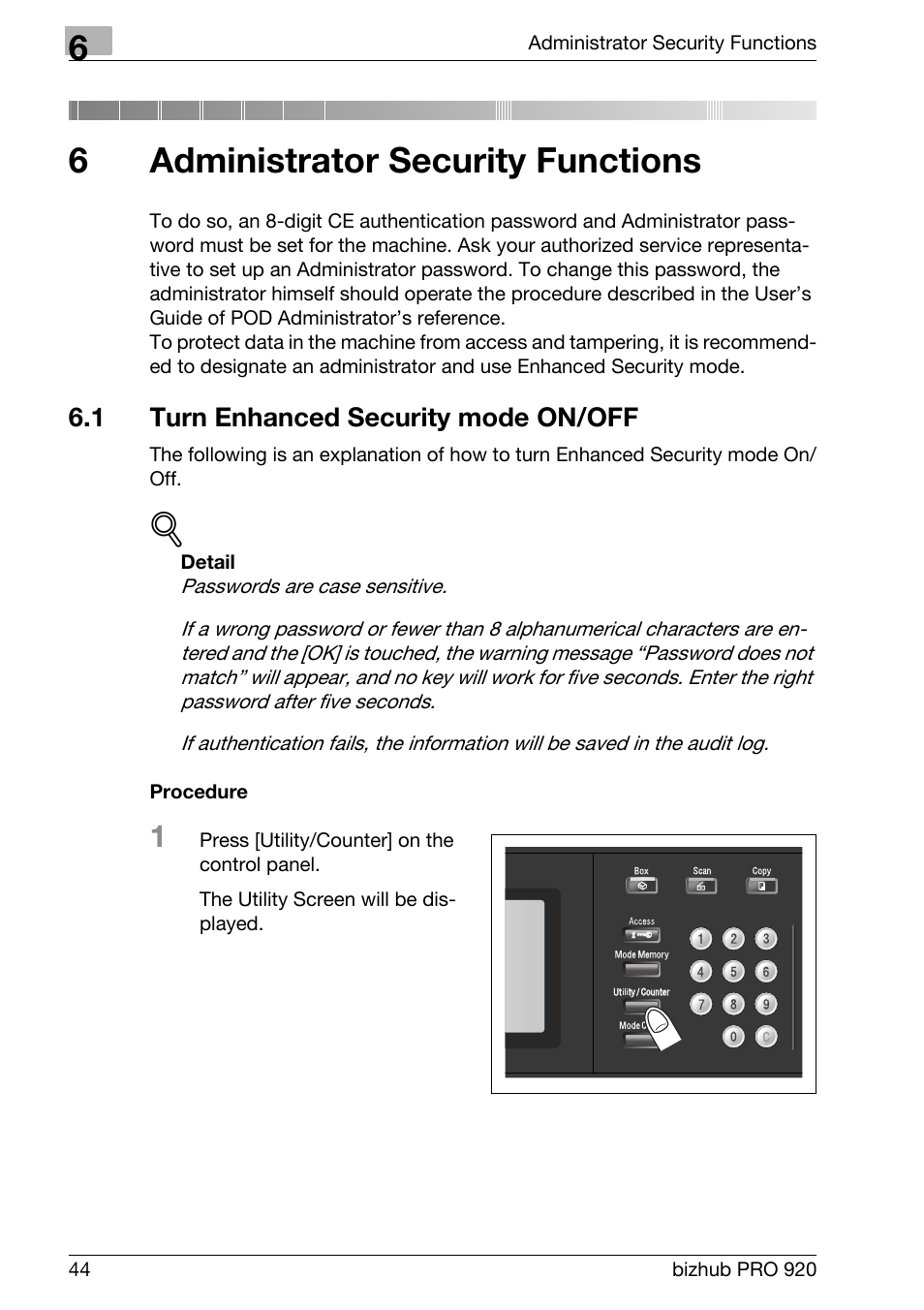 6 administrator security functions, 1 turn enhanced security mode on/off, Administrator security functions | Turn enhanced security mode on/off, 6administrator security functions | Konica Minolta 920 User Manual | Page 52 / 76