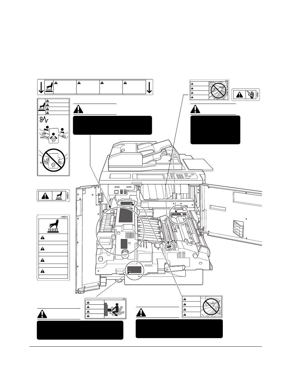 Safety information, Machine labels, Warning | Caution, Label locations | Konica Minolta 7075 User Manual | Page 27 / 311