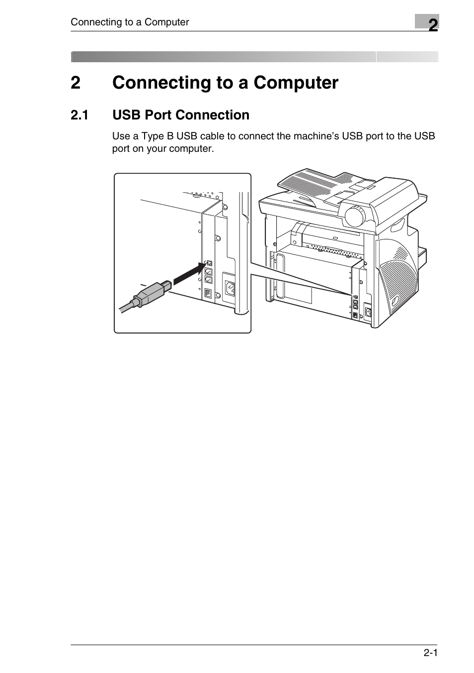 2 connecting to a computer, 1 usb port connection, Connecting to a computer | Usb port connection -1, 2connecting to a computer | Konica Minolta FAX2900/FAX3900 User Manual | Page 10 / 60