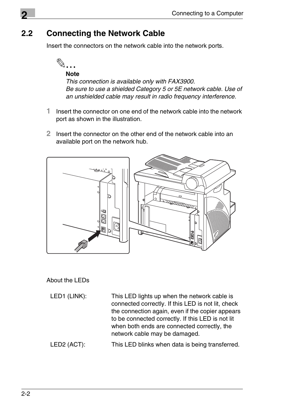 2 connecting the network cable, Connecting the network cable -2 | Konica Minolta FAX2900/FAX3900 User Manual | Page 11 / 60