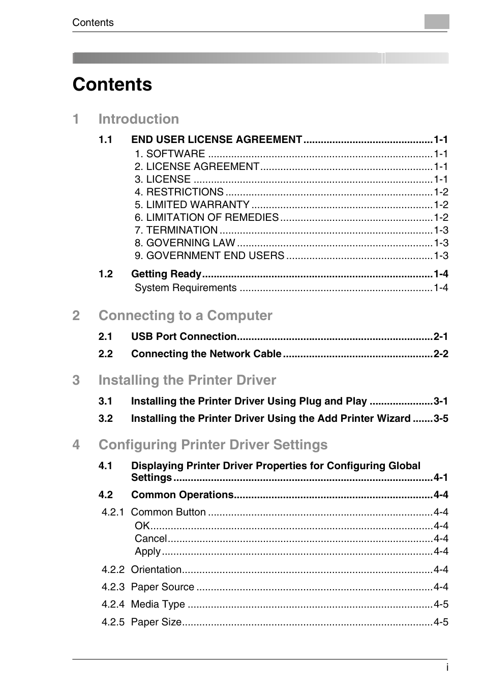 Co ntents, 1introduction, 2connecting to a computer | 3installing the printer driver, 4configuring printer driver settings | Konica Minolta FAX2900/FAX3900 User Manual | Page 2 / 60