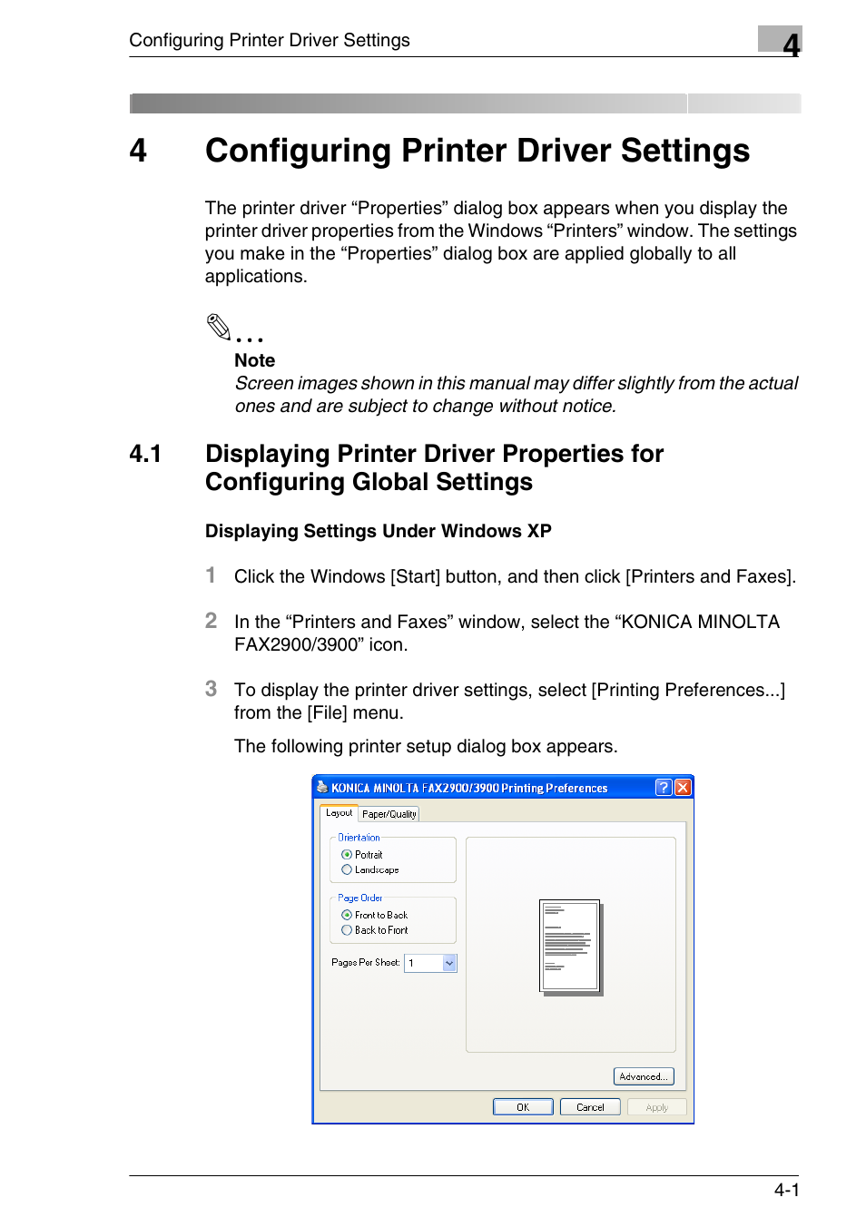 4 configuring printer driver settings, Displaying settings under windows xp, Configuring printer driver settings | 4configuring printer driver settings | Konica Minolta FAX2900/FAX3900 User Manual | Page 22 / 60