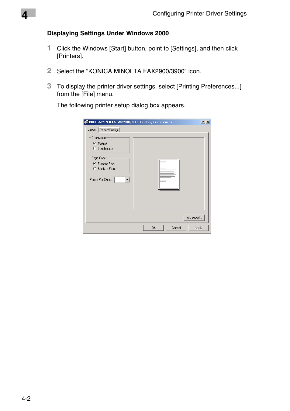 Displaying settings under windows 2000 | Konica Minolta FAX2900/FAX3900 User Manual | Page 23 / 60