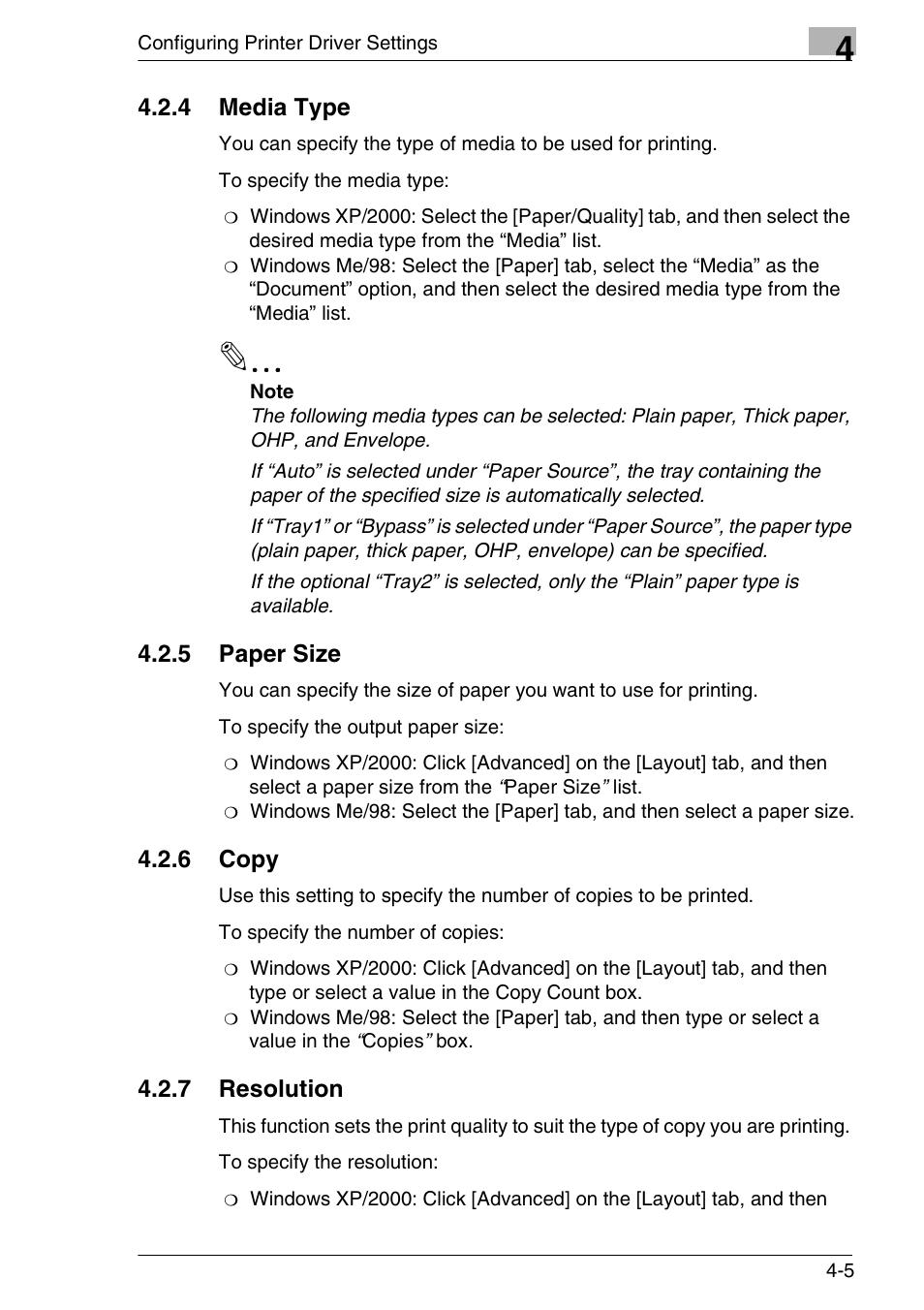 4 media type, 5 paper size, 6 copy | 7 resolution, 4 media type -5, 5 paper size -5 | Konica Minolta FAX2900/FAX3900 User Manual | Page 26 / 60