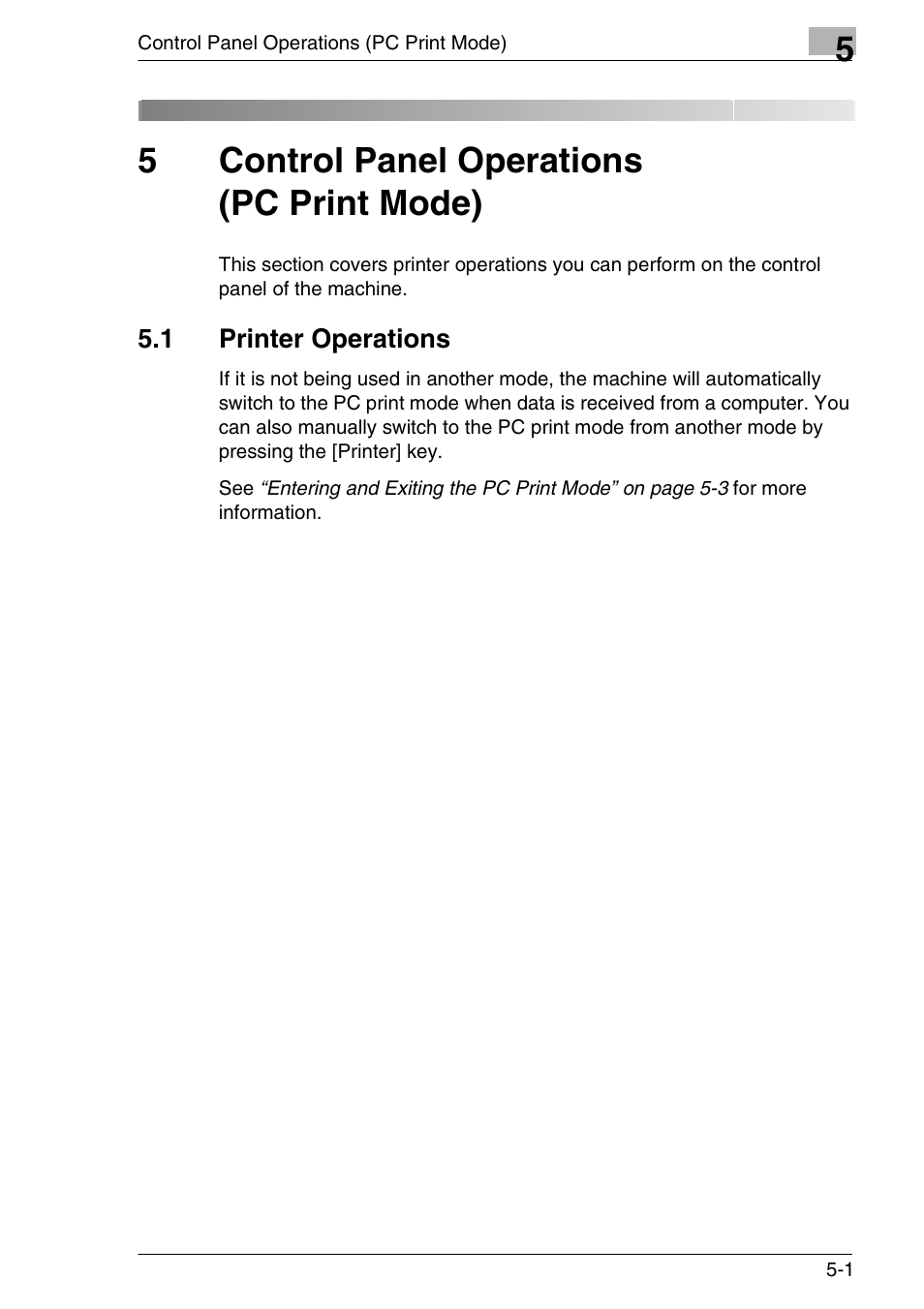 5 control panel operations (pc print mode), 1 printer operations, Control panel operations | Pc print mode), Printer operations -1, 5control panel operations (pc print mode) | Konica Minolta FAX2900/FAX3900 User Manual | Page 28 / 60