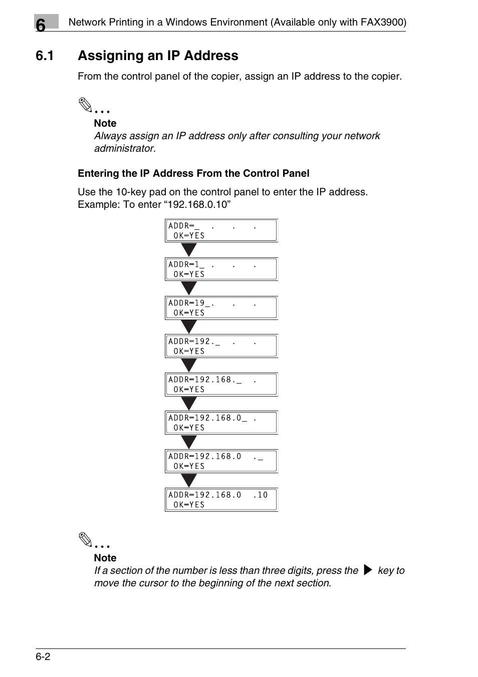 1 assigning an ip address, Entering the ip address from the control panel, Assigning an ip address -2 | Entering the ip address from the control panel -2 | Konica Minolta FAX2900/FAX3900 User Manual | Page 37 / 60