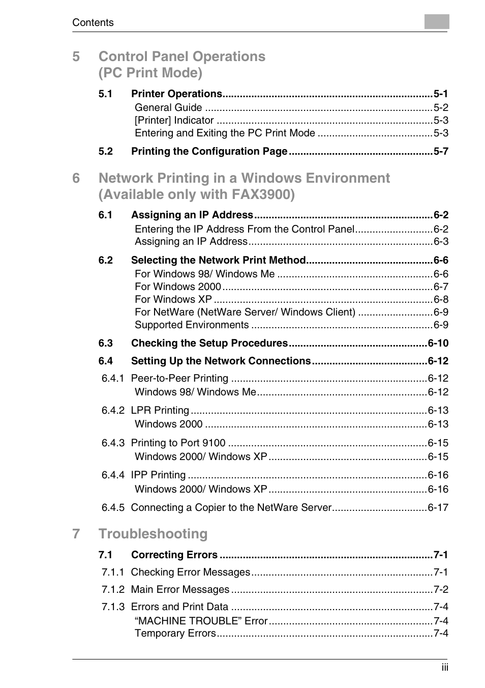 5control panel operations (pc print mode), 7troubleshooting | Konica Minolta FAX2900/FAX3900 User Manual | Page 4 / 60