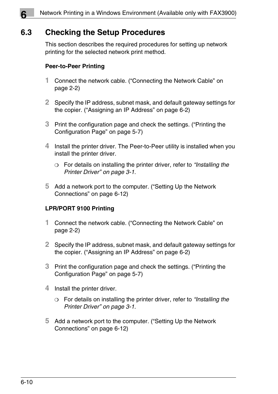 3 checking the setup procedures, Peer-to-peer printing, Lpr/port 9100 printing | Checking the setup procedures -10 | Konica Minolta FAX2900/FAX3900 User Manual | Page 45 / 60