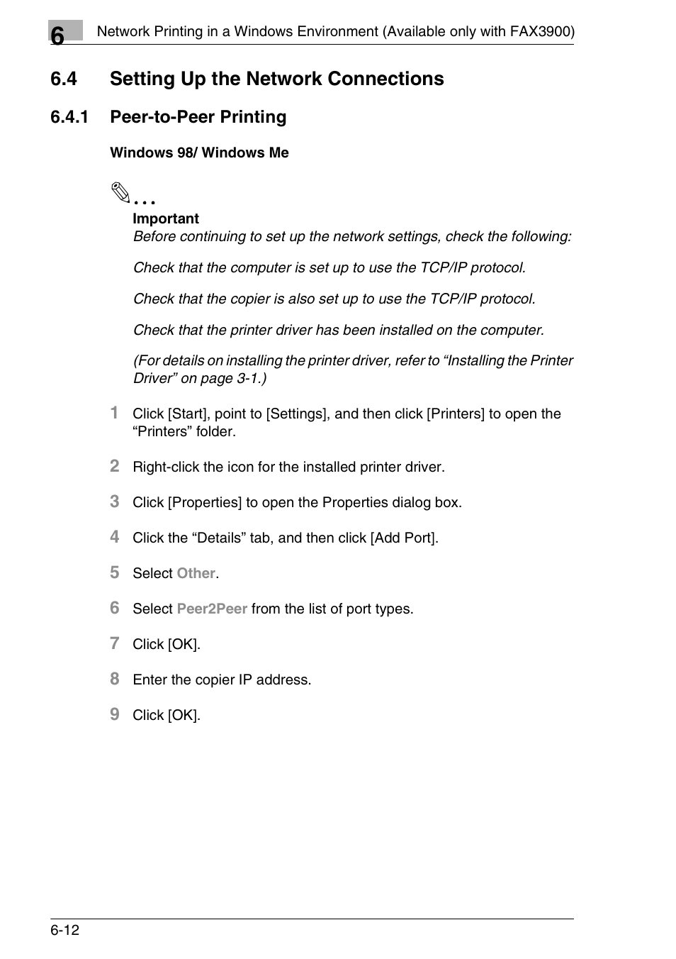 4 setting up the network connections, 1 peer-to-peer printing, Windows 98/ windows me | Setting up the network connections -12, 1 peer-to-peer printing -12, Windows 98/ windows me -12 | Konica Minolta FAX2900/FAX3900 User Manual | Page 47 / 60