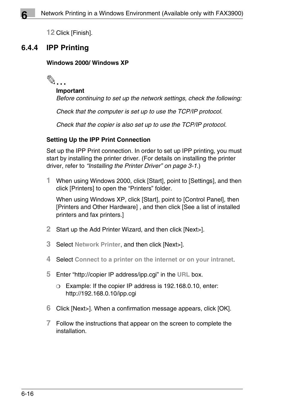4 ipp printing, Windows 2000/ windows xp, Setting up the ipp print connection | 4 ipp printing -16, Windows 2000/ windows xp -16 | Konica Minolta FAX2900/FAX3900 User Manual | Page 51 / 60