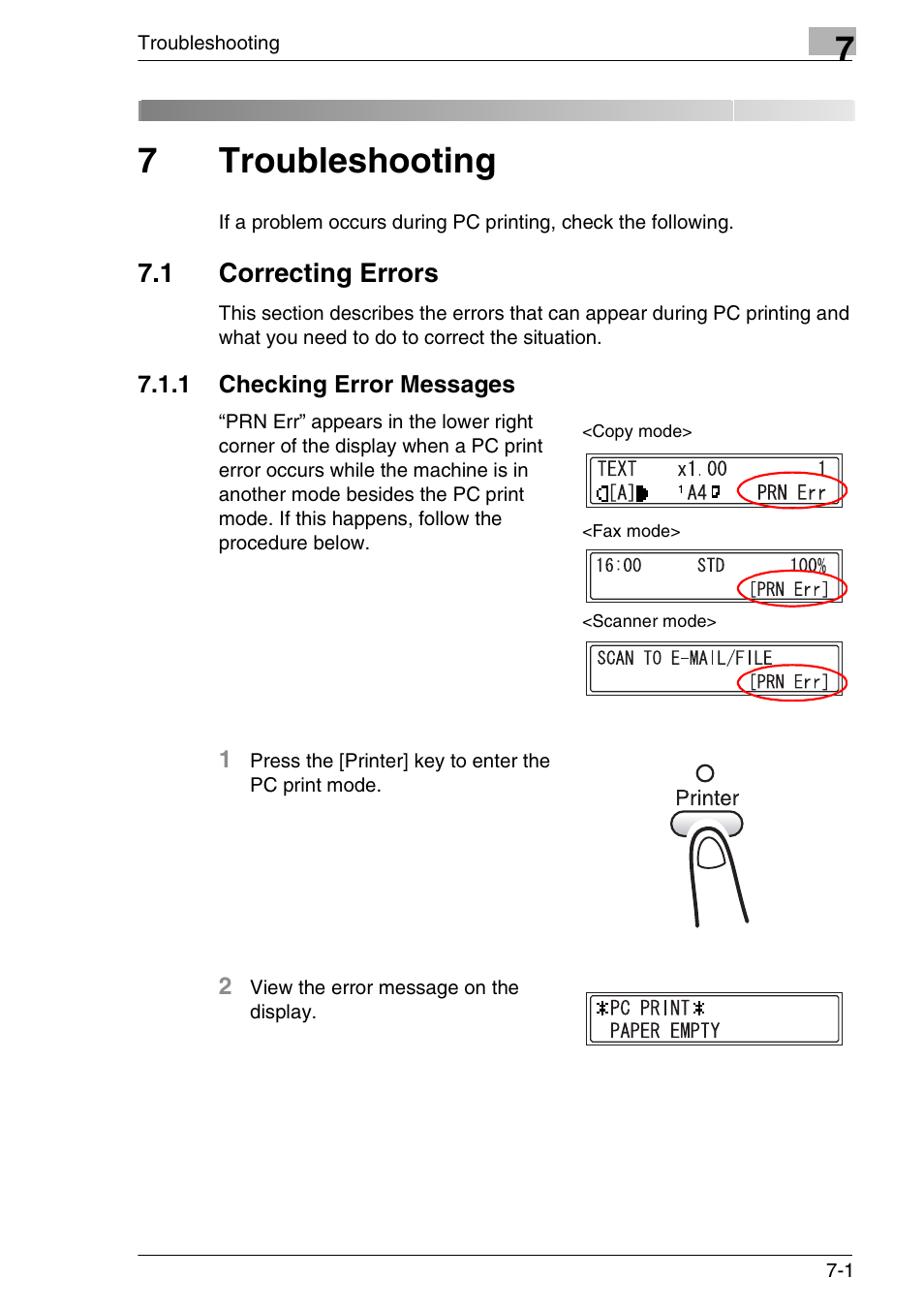 7 troubleshooting, 1 correcting errors, 1 checking error messages | Troubleshooting, Correcting errors -1, 1 checking error messages -1, 7troubleshooting | Konica Minolta FAX2900/FAX3900 User Manual | Page 54 / 60