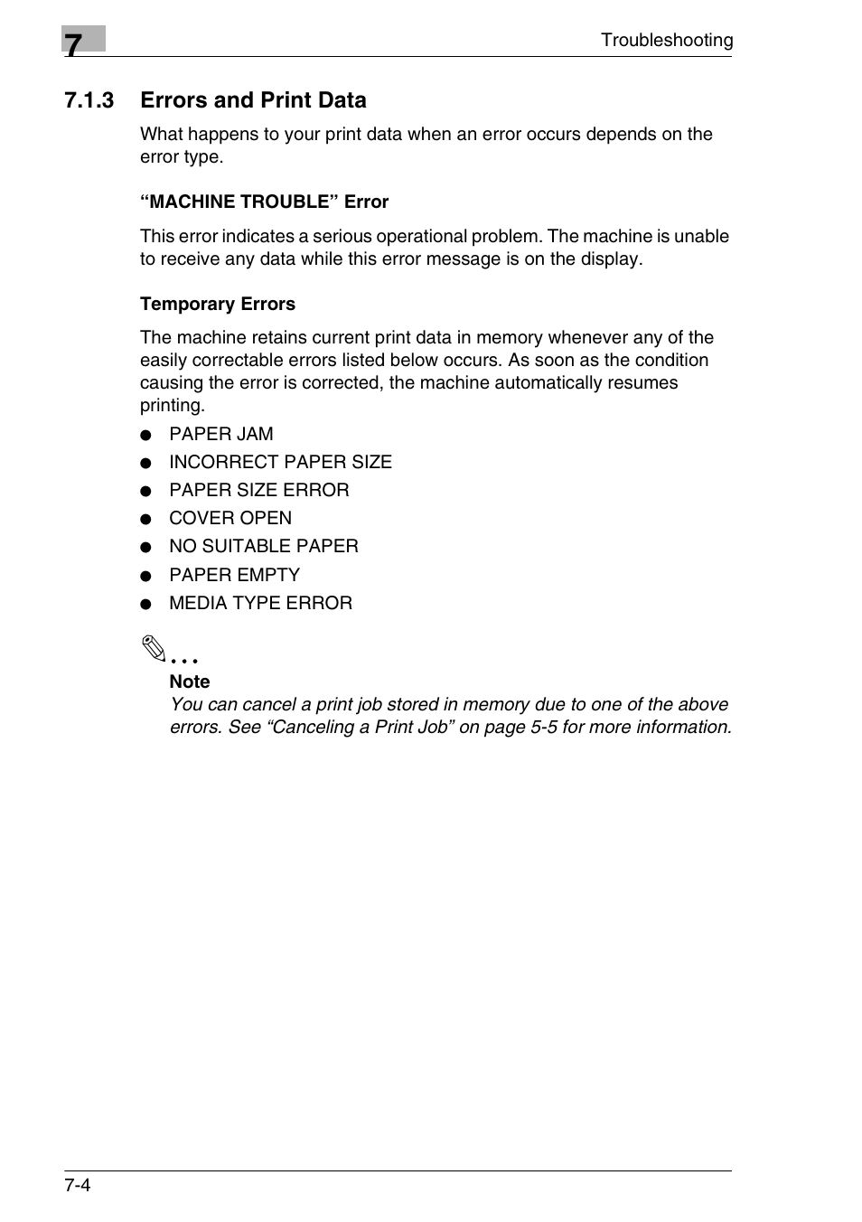 3 errors and print data, Machine trouble” error, Temporary errors | 3 errors and print data -4, Machine trouble” error -4 temporary errors -4 | Konica Minolta FAX2900/FAX3900 User Manual | Page 57 / 60