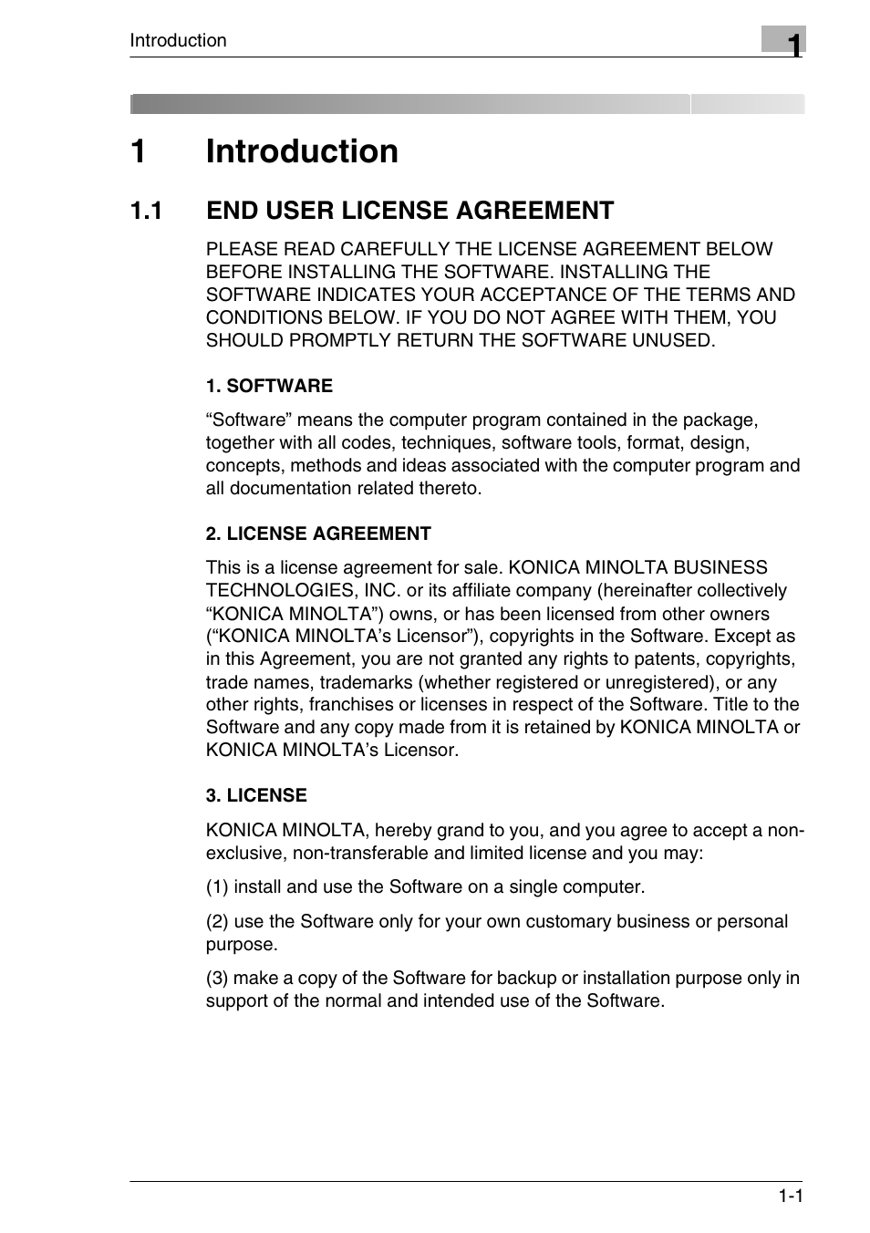 1 introduction, 1 end user license agreement, Software | License agreement, License, Introduction, End user license agreement -1, Software -1 2. license agreement -1 3. license -1, 1introduction | Konica Minolta FAX2900/FAX3900 User Manual | Page 6 / 60