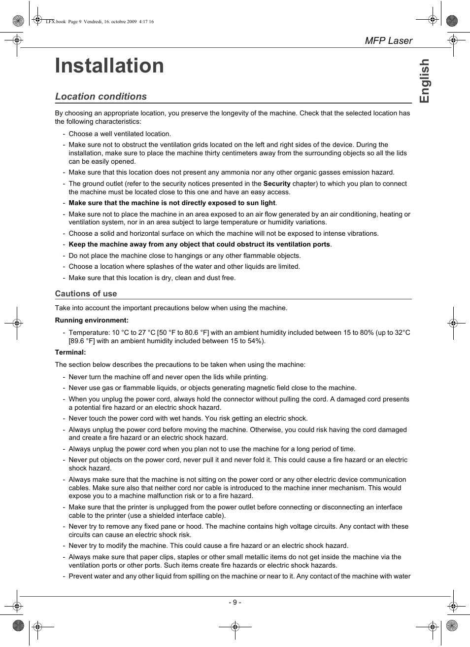 Installation, En g li s h, Mfp laser | Location conditions | Konica Minolta PAGEPRO 1480MF User Manual | Page 10 / 198