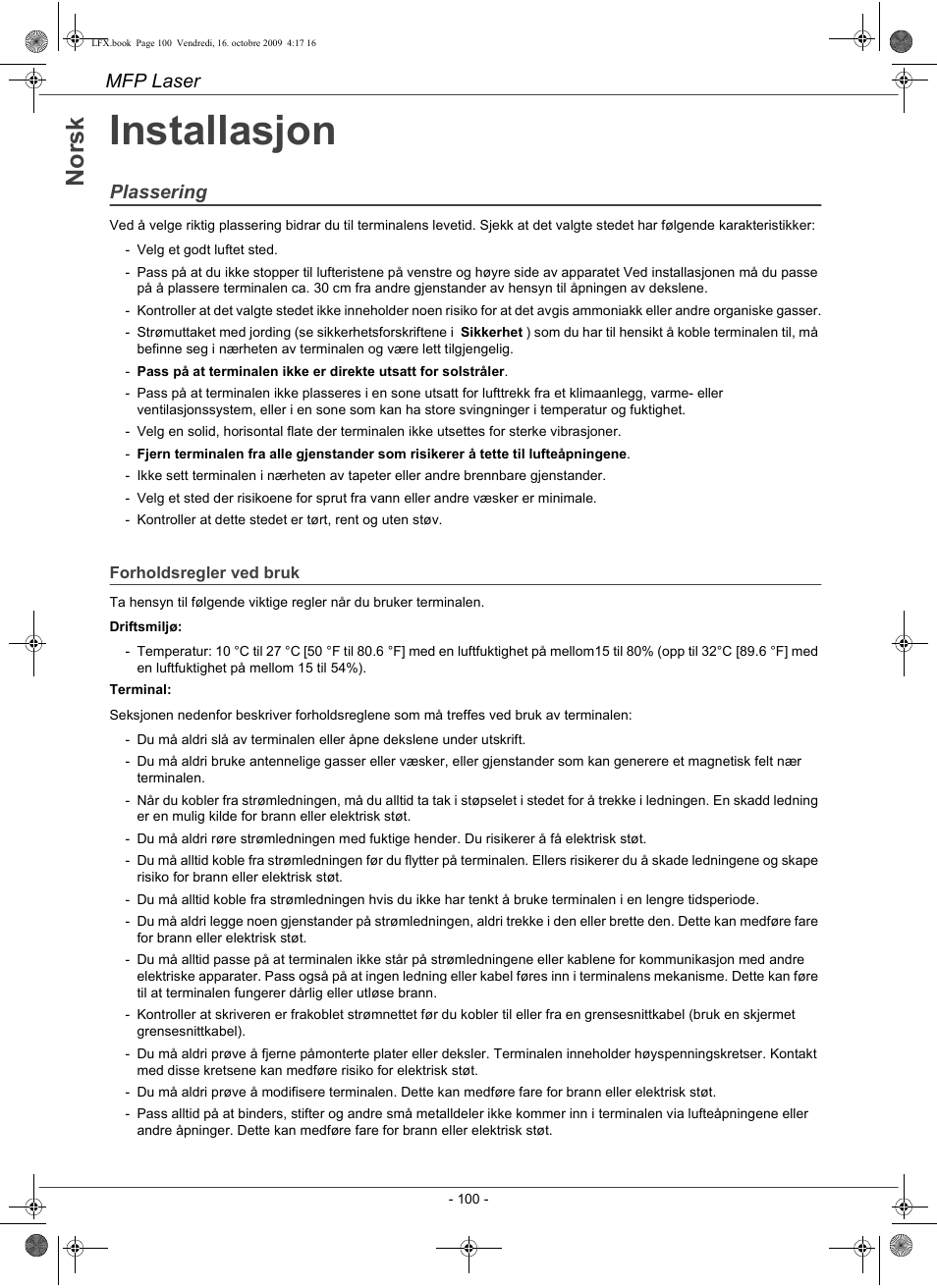 Installasjon, No rs k, Mfp laser | Plassering | Konica Minolta PAGEPRO 1480MF User Manual | Page 101 / 198
