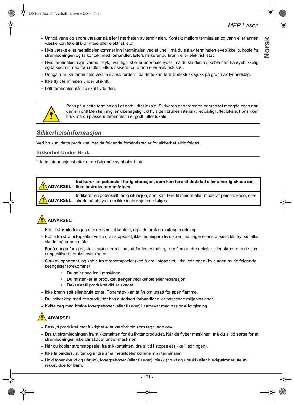 No rs k, Mfp laser, Sikkerhetsinformasjon | Konica Minolta PAGEPRO 1480MF User Manual | Page 102 / 198