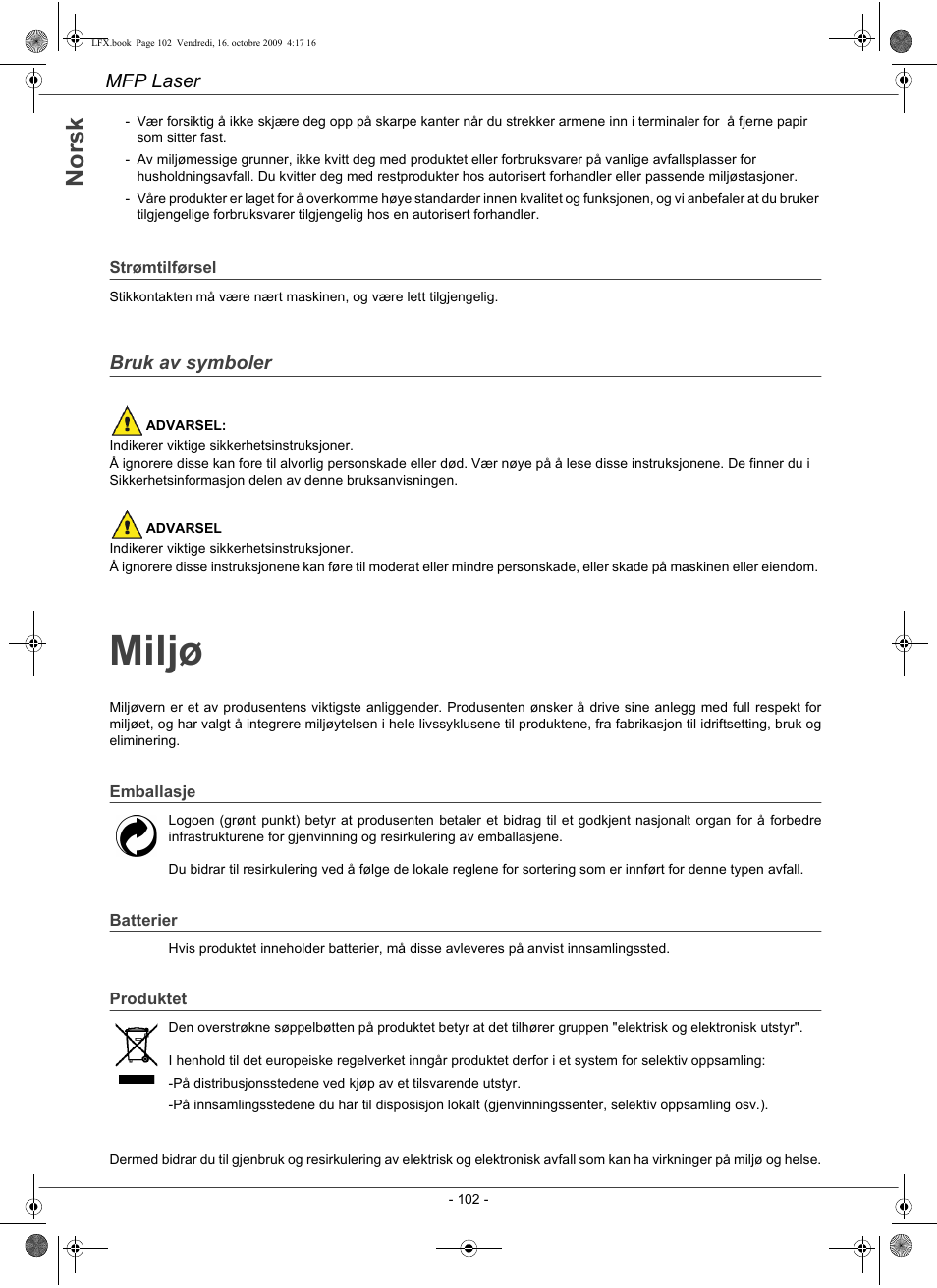 Miljø, No rs k | Konica Minolta PAGEPRO 1480MF User Manual | Page 103 / 198