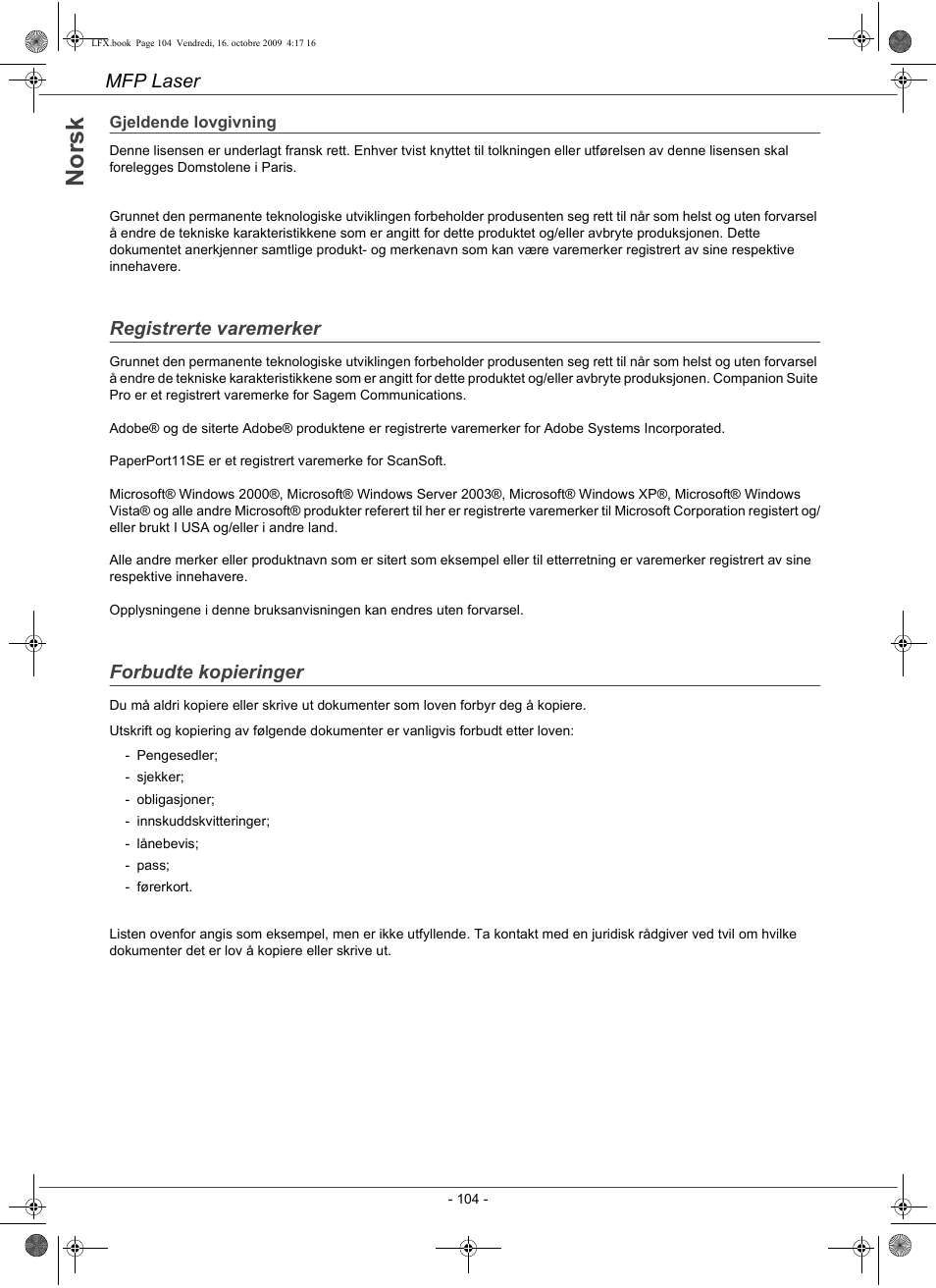No rs k, Mfp laser, Registrerte varemerker | Forbudte kopieringer | Konica Minolta PAGEPRO 1480MF User Manual | Page 105 / 198