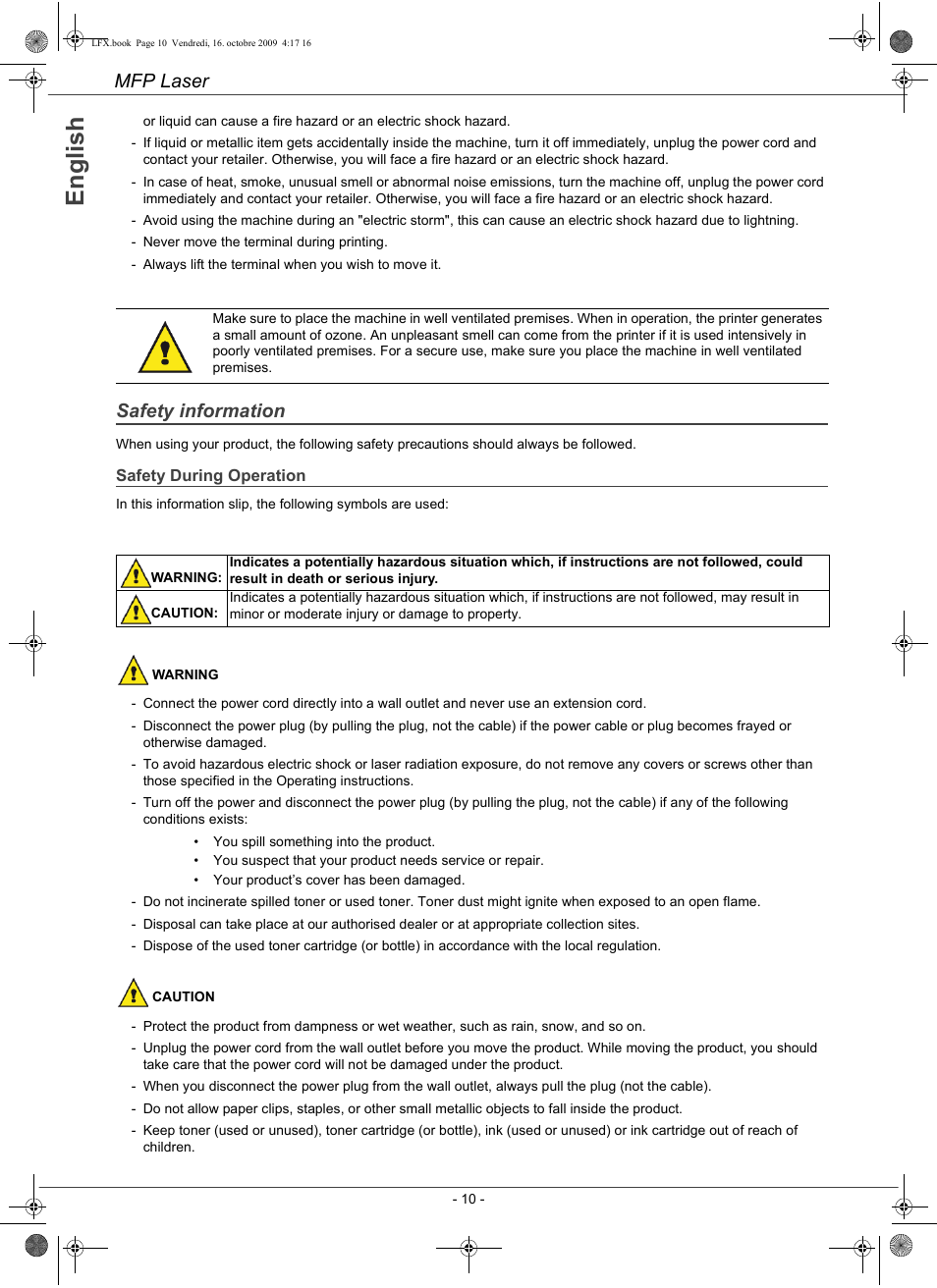 En g li s h, Mfp laser, Safety information | Konica Minolta PAGEPRO 1480MF User Manual | Page 11 / 198
