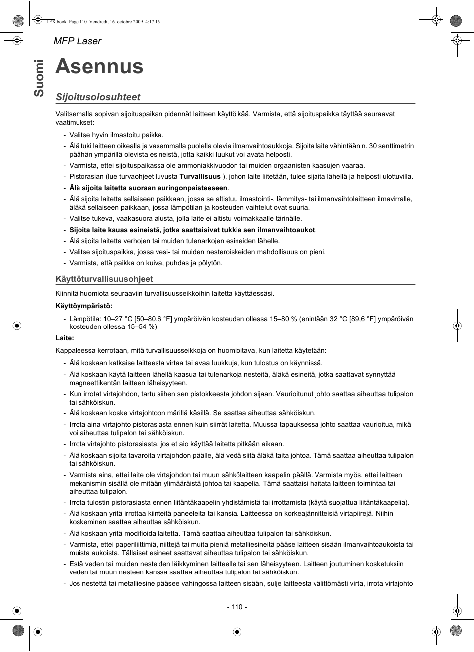 Asennus, Su o m i, Mfp laser | Sijoitusolosuhteet | Konica Minolta PAGEPRO 1480MF User Manual | Page 111 / 198