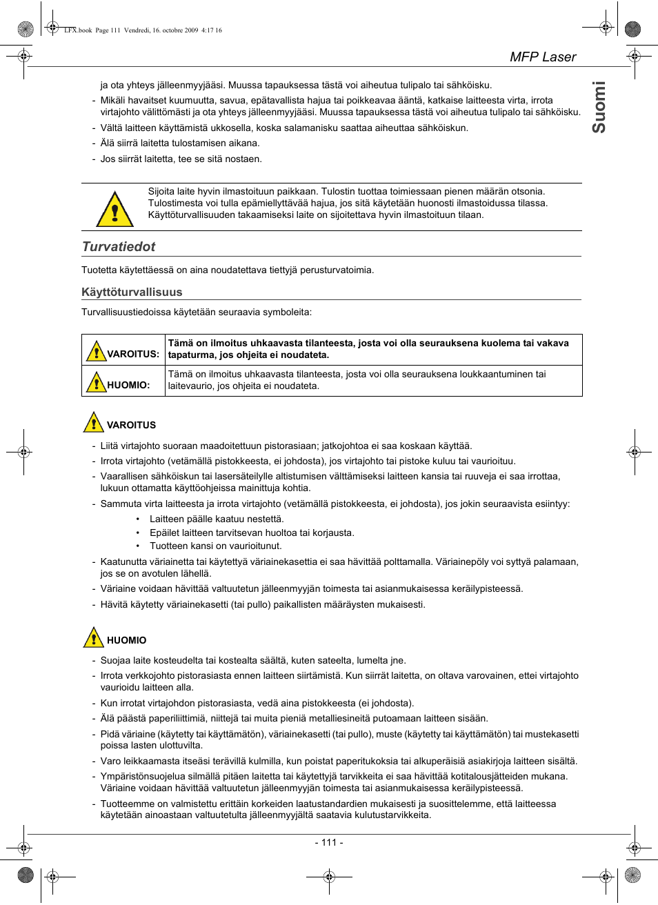 Su o m i, Mfp laser, Turvatiedot | Konica Minolta PAGEPRO 1480MF User Manual | Page 112 / 198