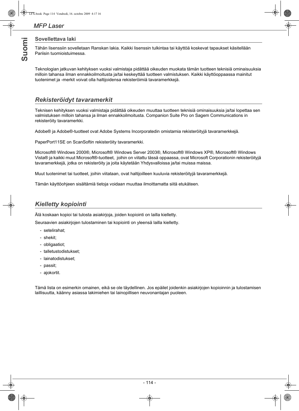 Su o m i, Mfp laser, Rekisteröidyt tavaramerkit | Kielletty kopiointi | Konica Minolta PAGEPRO 1480MF User Manual | Page 115 / 198