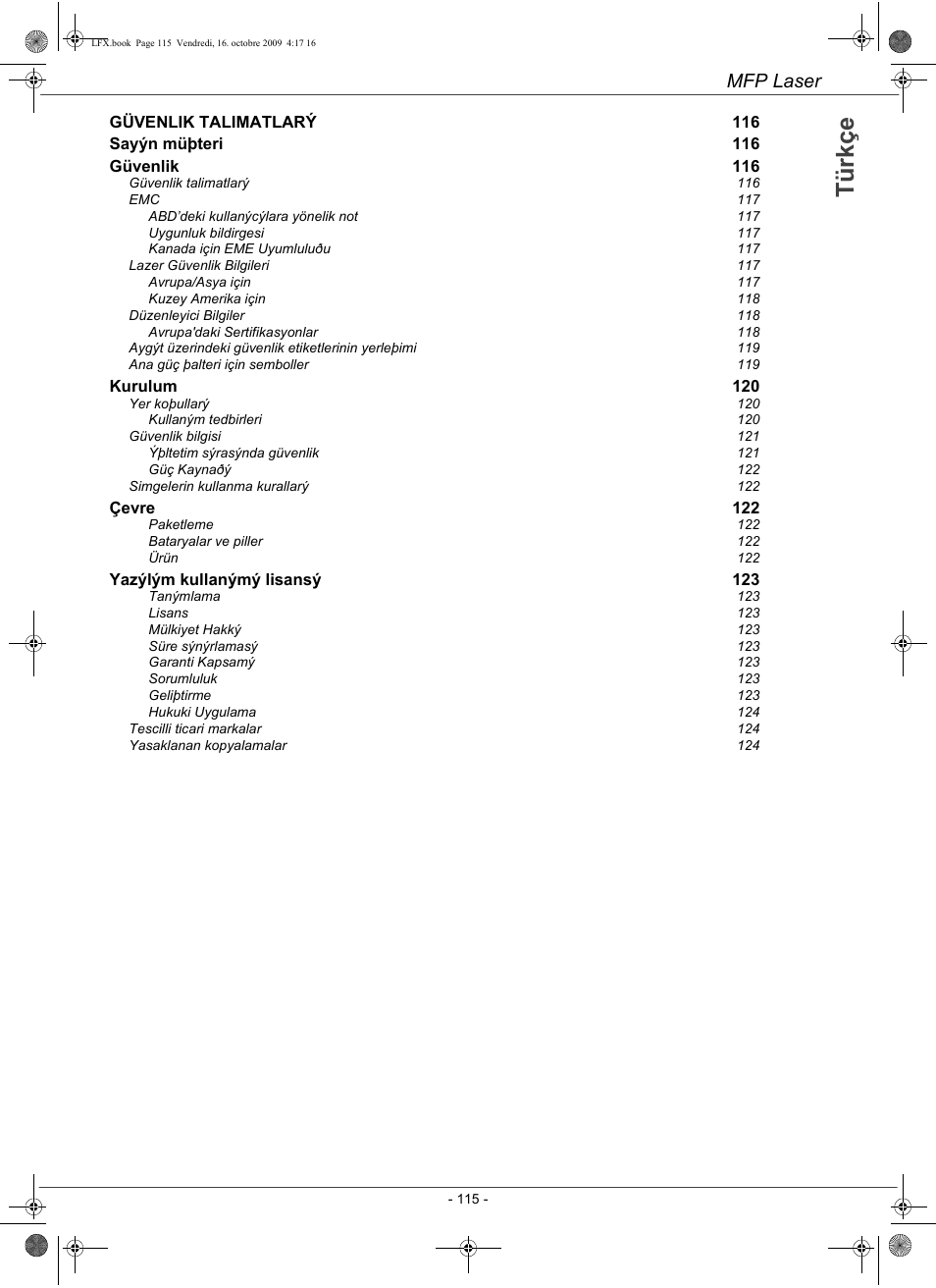 7unoh, Tü rk ç e, Mfp laser | Konica Minolta PAGEPRO 1480MF User Manual | Page 116 / 198
