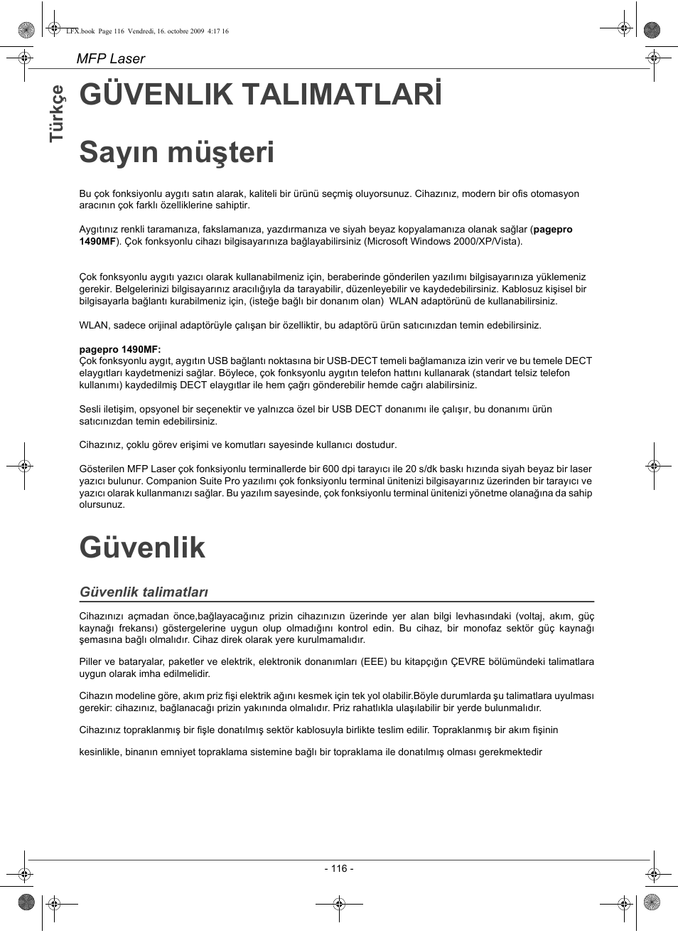 Güvenlik talimatlarđ sayın müşteri, Güvenlik, Tü rk ç e | Konica Minolta PAGEPRO 1480MF User Manual | Page 117 / 198