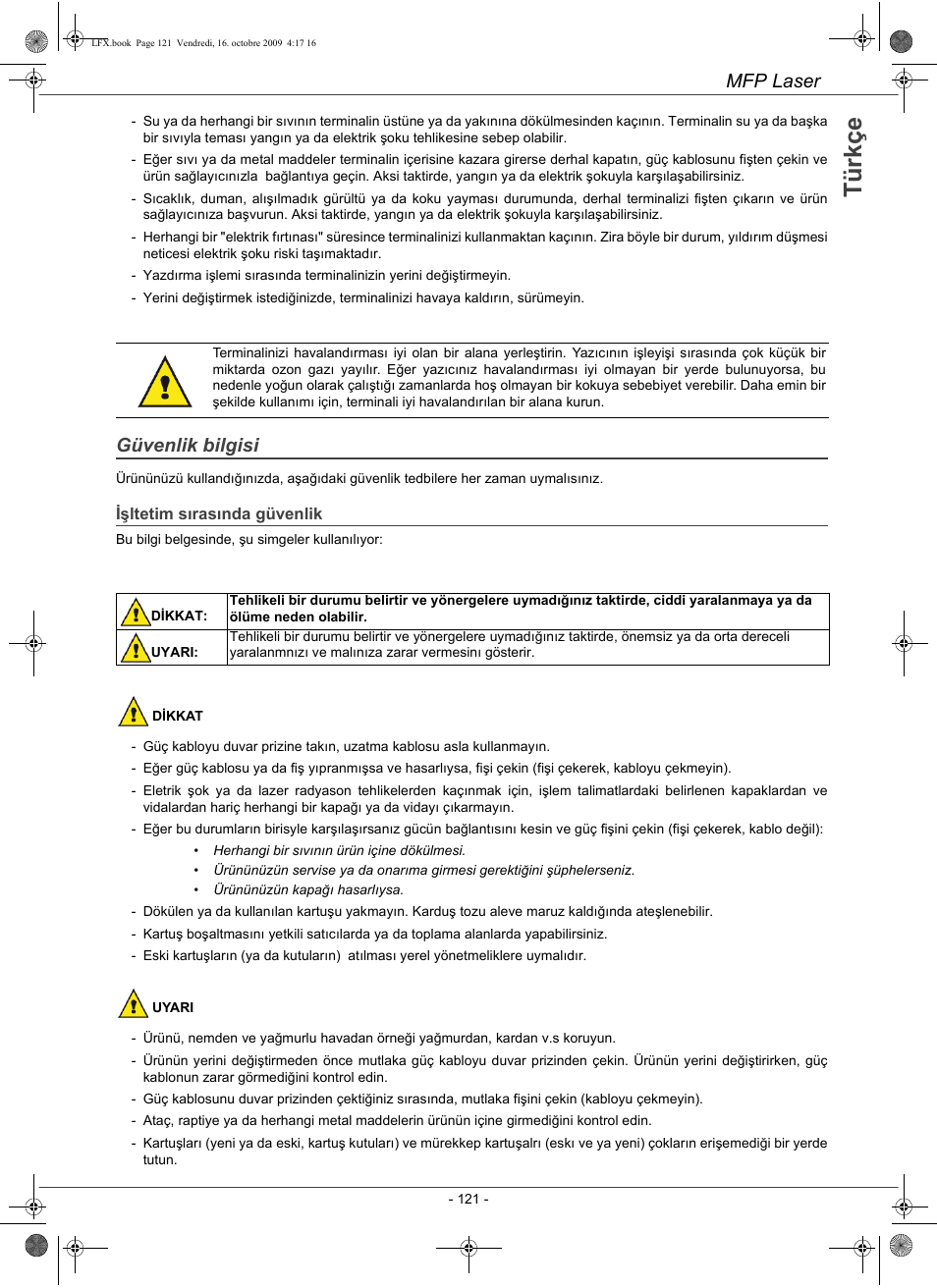 Tü rk ç e, Mfp laser, Güvenlik bilgisi | Konica Minolta PAGEPRO 1480MF User Manual | Page 122 / 198