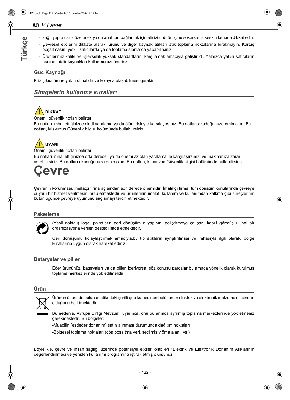 Çevre, Tü rk ç e | Konica Minolta PAGEPRO 1480MF User Manual | Page 123 / 198